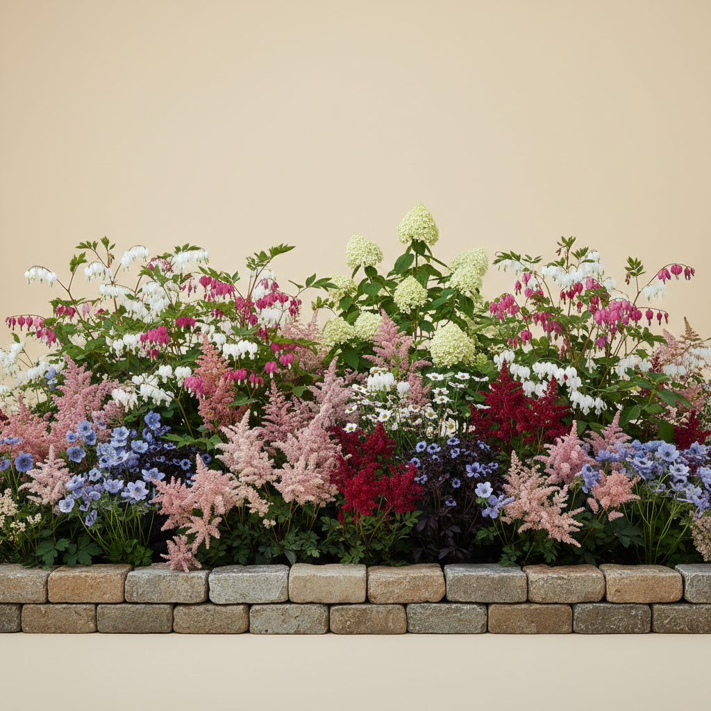 Rabatt med löjtnantshjärta, astilbe, hortensia i skugga – 60 m² perennrabatt