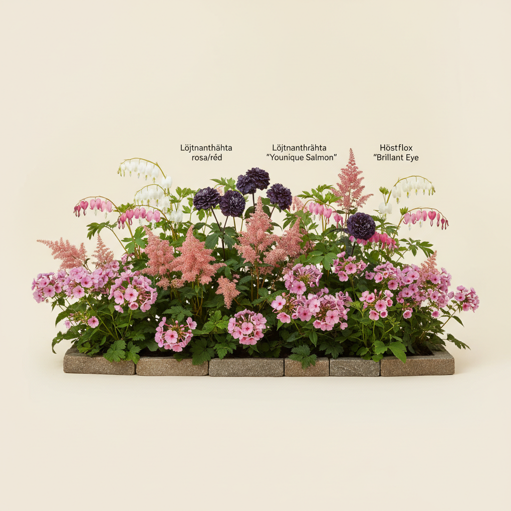 Rabatt med löjtnantshjärta, astilbe, höstflox i halvskugga – 6 m² perennrabatt