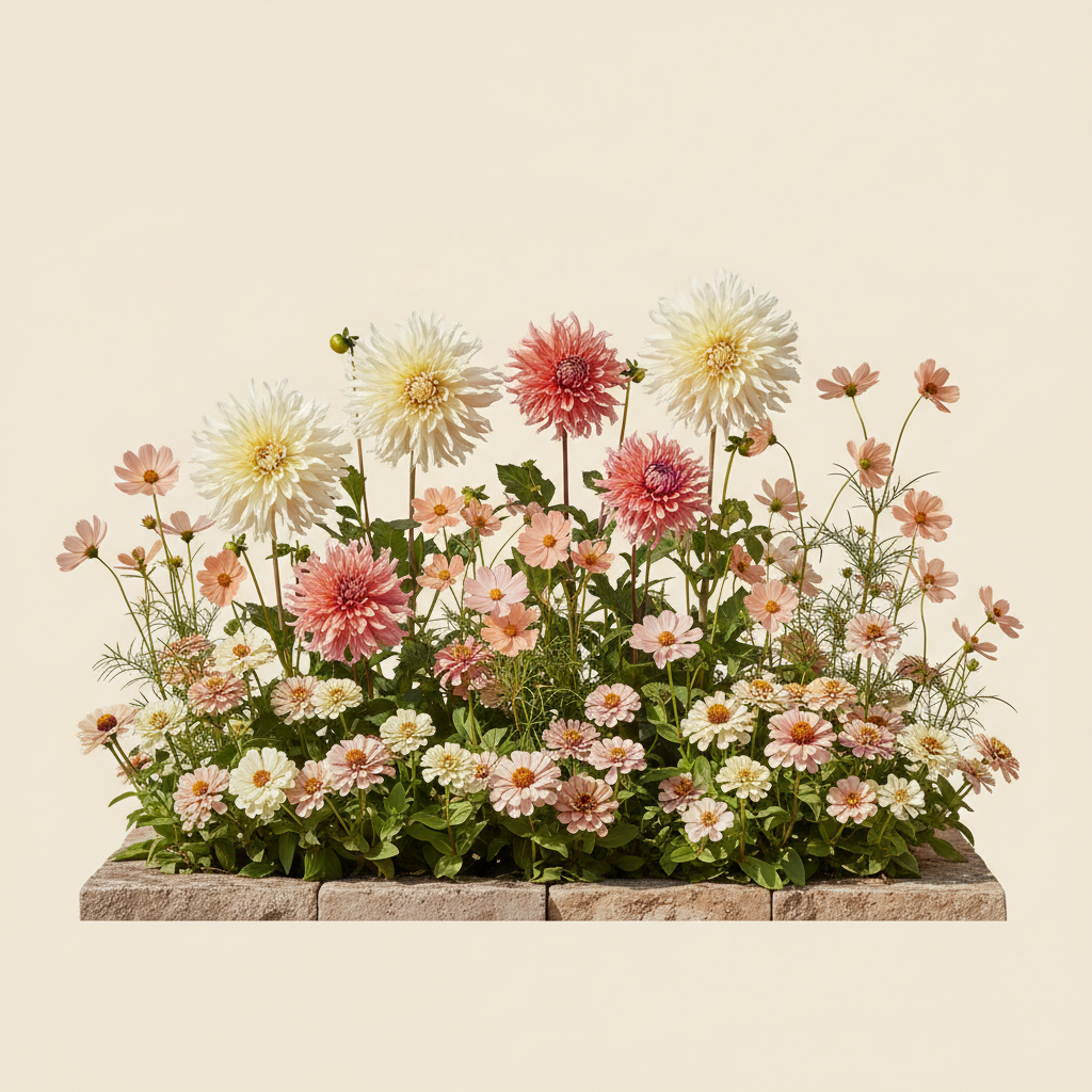 Rabatt med dahlia, zinnia, cosmos i full sol – 2 m² snittblomsterbädd