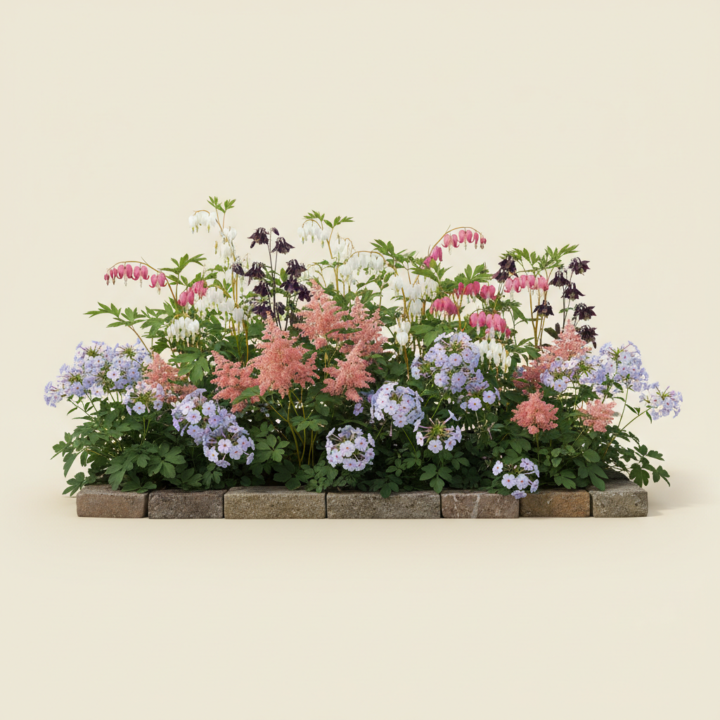 Rabatt med löjtnantshjärta, astilbe, höstflox i halvskugga – 6 m² perennrabatt