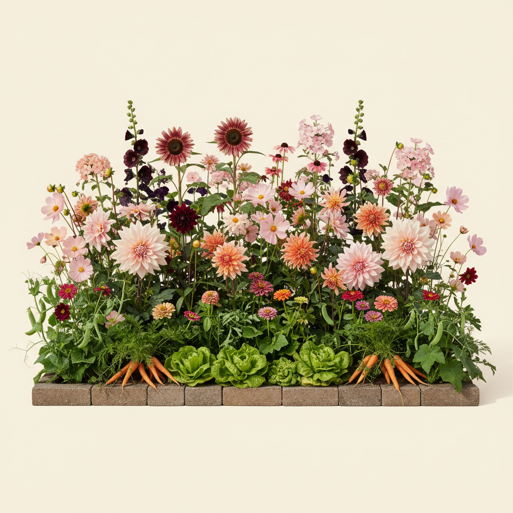 Rabatt med dahlia, zinnia, cosmos i full sol – 60 m² blandad rabatt