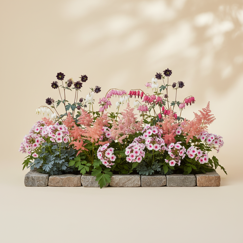 Rabatt med löjtnantshjärta, astilbe, höstflox i halvskugga – 6 m² perennrabatt