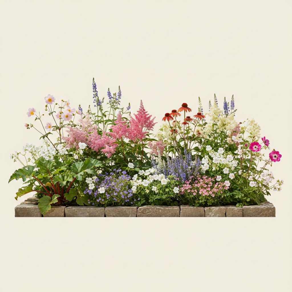 Rabatt med anemon, astilbe, röd i full sol – 10 m² perennrabatt