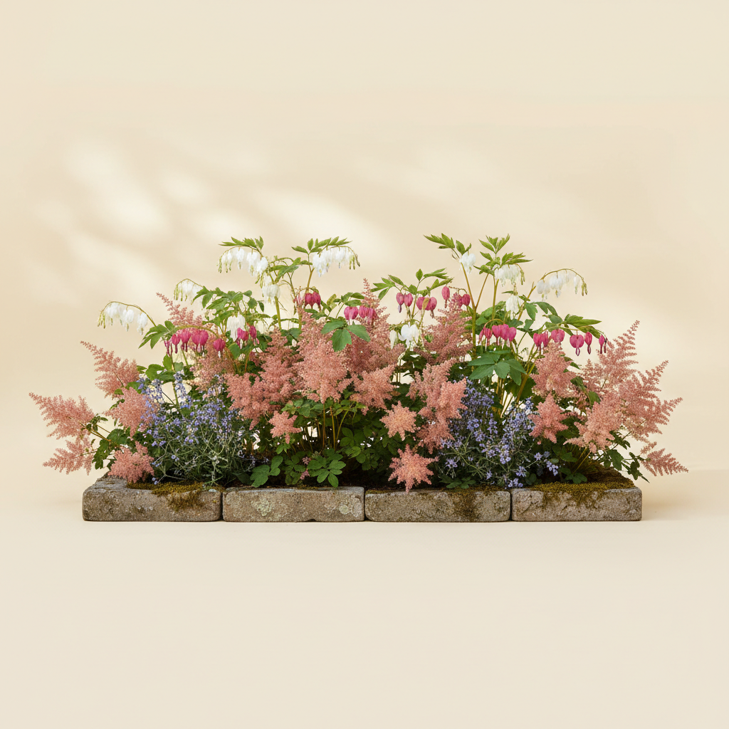 Rabatt med löjtnantshjärta, astilbe i halvskugga – 2 m² perennrabatt