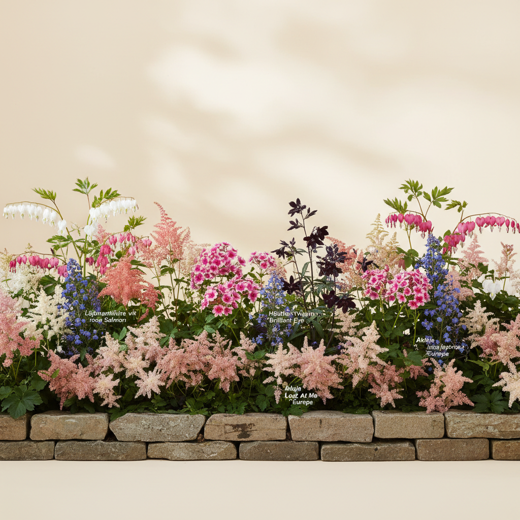Rabatt med löjtnantshjärta, astilbe, höstflox i halvskugga – 20 m² perennrabatt