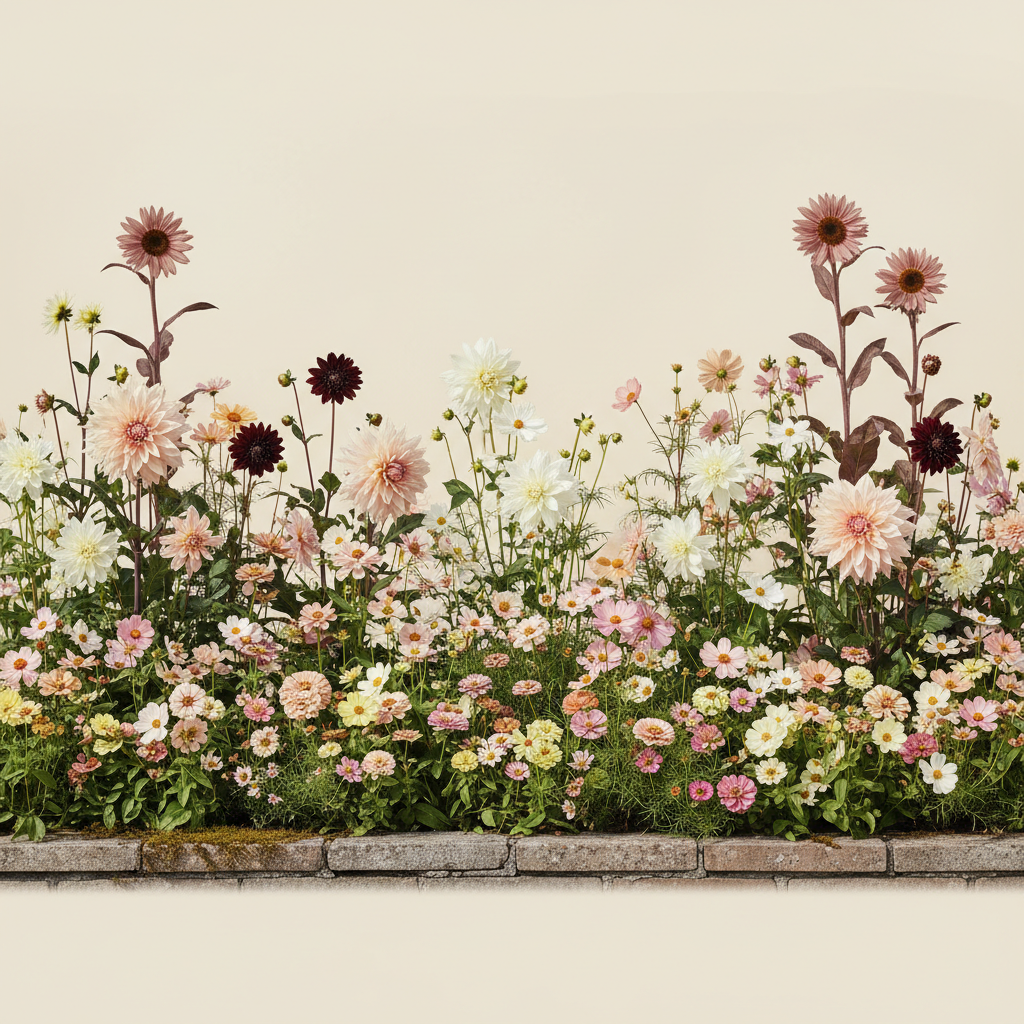 Rabatt med dahlia, zinnia, cosmos i full sol – 6 m² snittblomsterbädd
