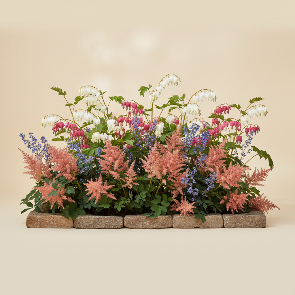 Rabatt med löjtnantshjärta, astilbe i halvskugga – 2 m² perennrabatt