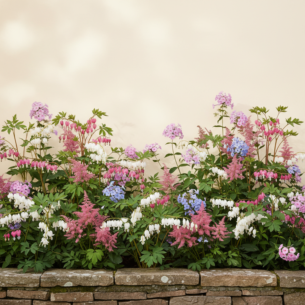Rabatt med löjtnantshjärta, astilbe, höstflox i halvskugga – 4 m² perennrabatt