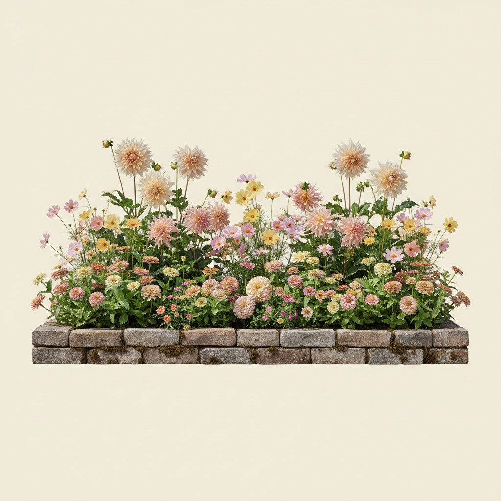 Rabatt med dahlia, zinnia, cosmos i full sol – 2 m² snittblomsterbädd