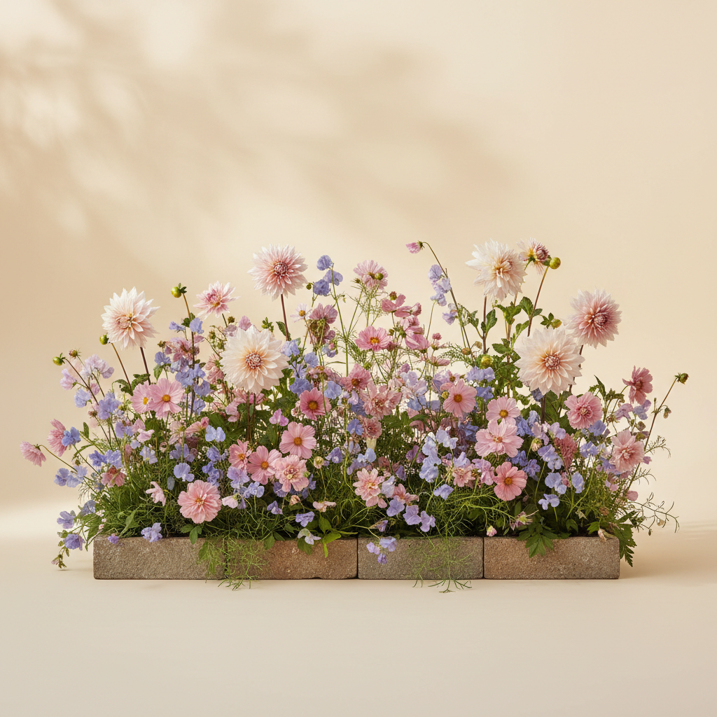 Rabatt med dahlia, rosenskära, luktärt i halvskugga – 1 m² snittblomsterbädd
