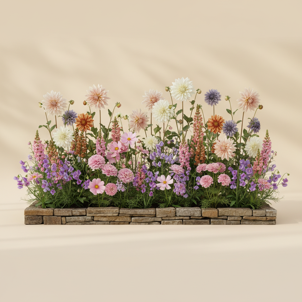 Rabatt med dahlia, rosenskära, lejongap i halvskugga – 20 m² snittblomsterbädd