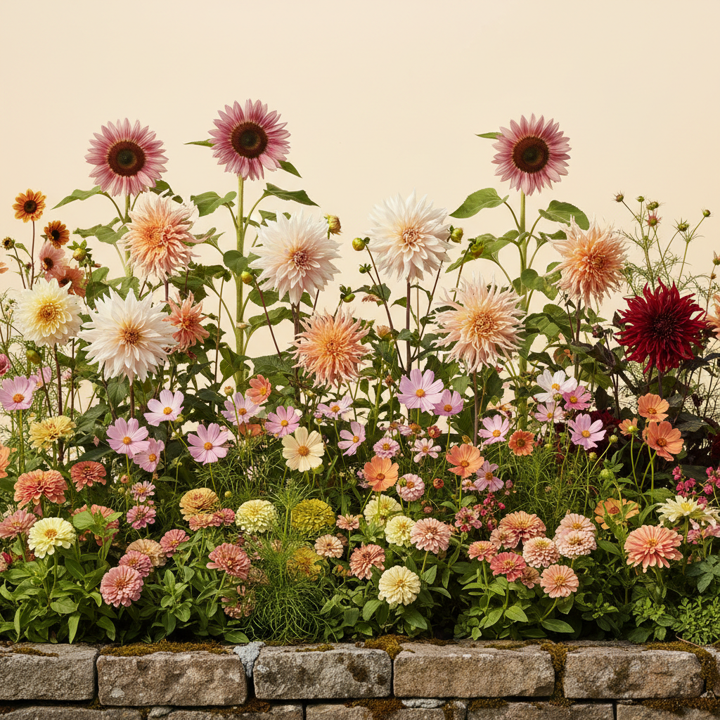 Rabatt med dahlia, zinnia, cosmos i full sol – 3 m² snittblomsterbädd