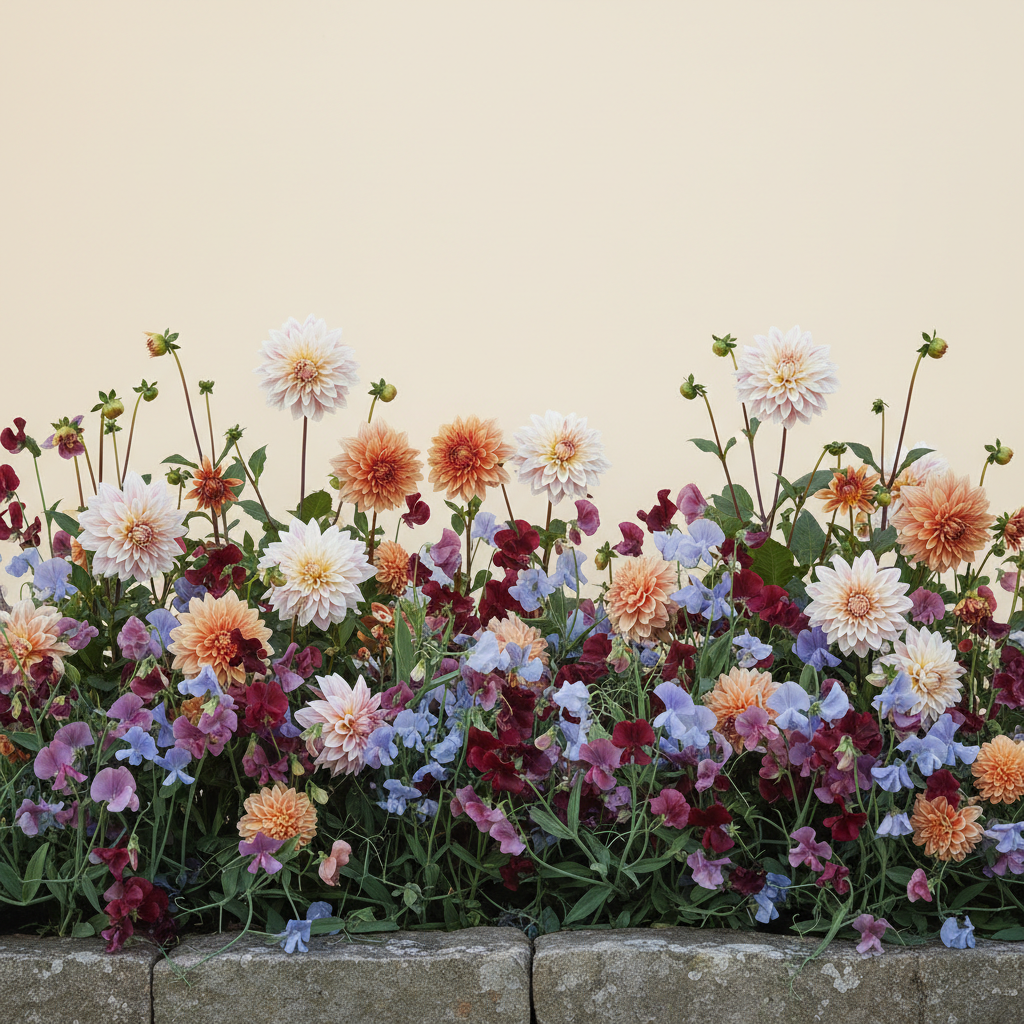 Rabatt med dahlia, luktärt i skugga – 2 m² snittblomsterbädd