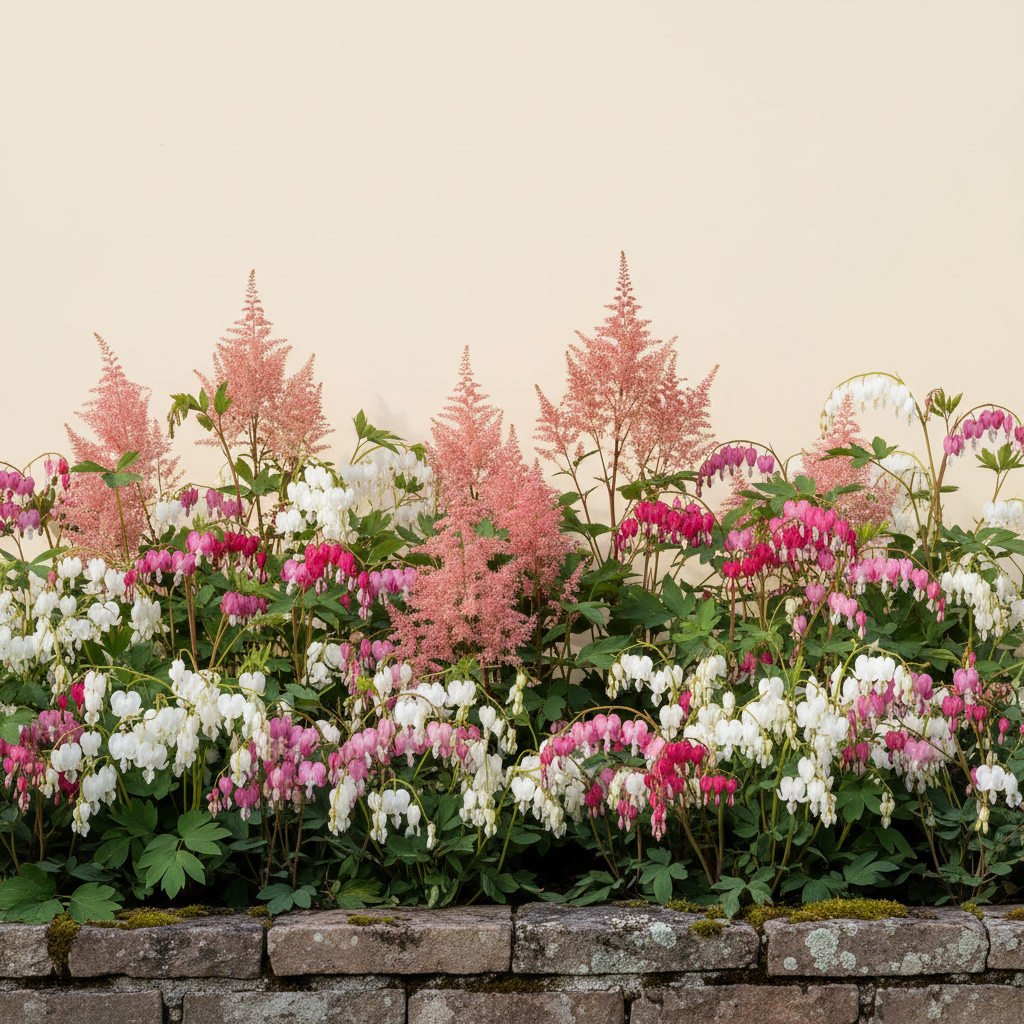 Rabatt med löjtnantshjärta, astilbe i halvskugga – 2 m² perennrabatt