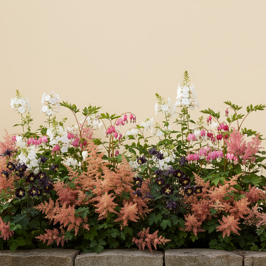 Rabatt med löjtnantshjärta, astilbe, höstflox i halvskugga – 6 m² perennrabatt