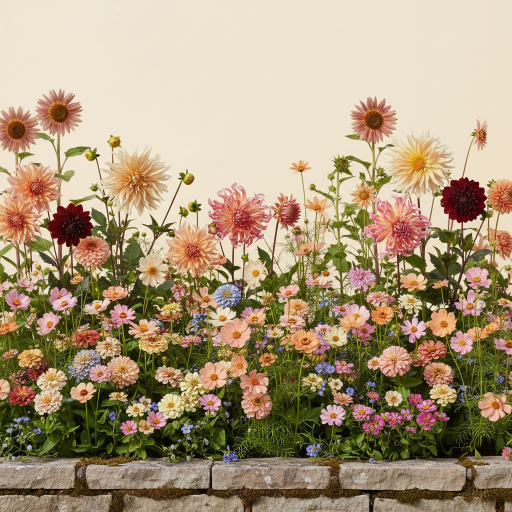 Rabatt med dahlia, zinnia, cosmos i full sol – 6 m² snittblomsterbädd
