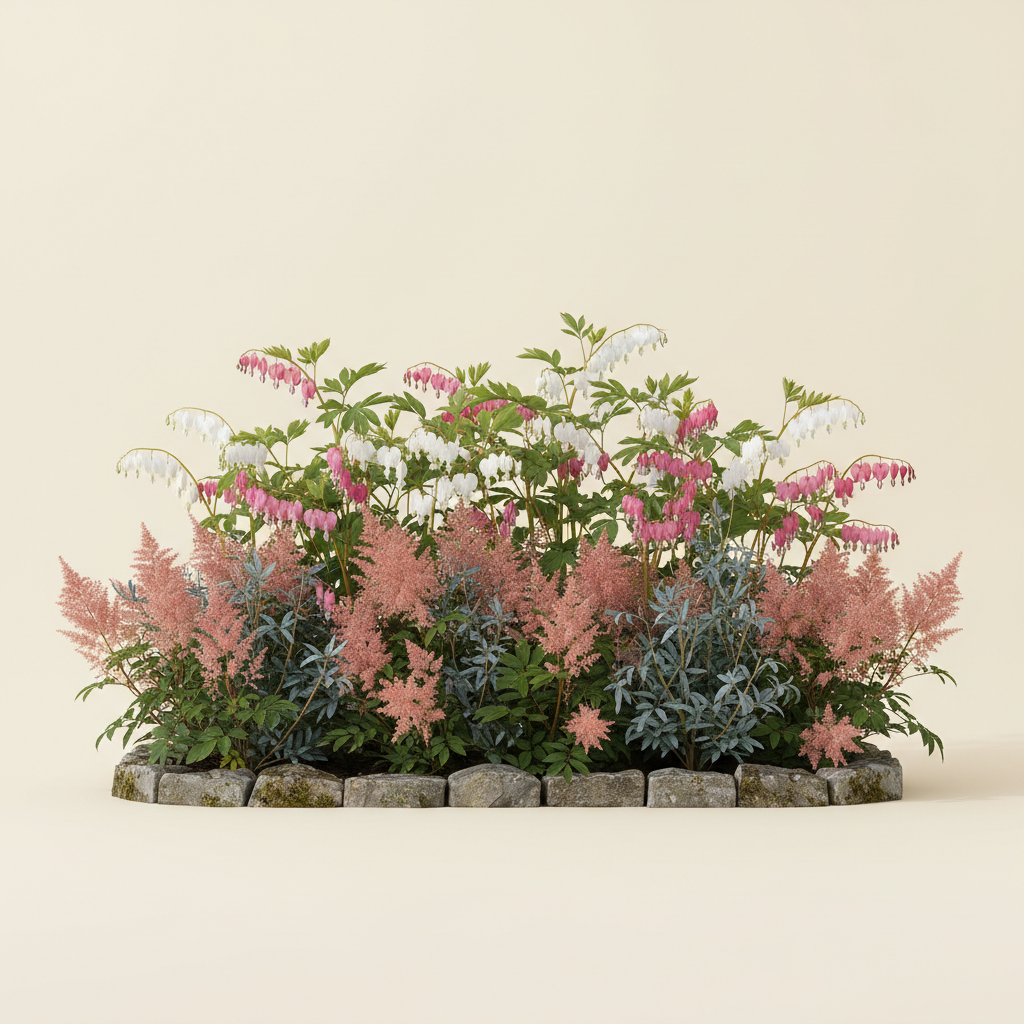 Rabatt med löjtnantshjärta, astilbe i halvskugga – 2 m² perennrabatt
