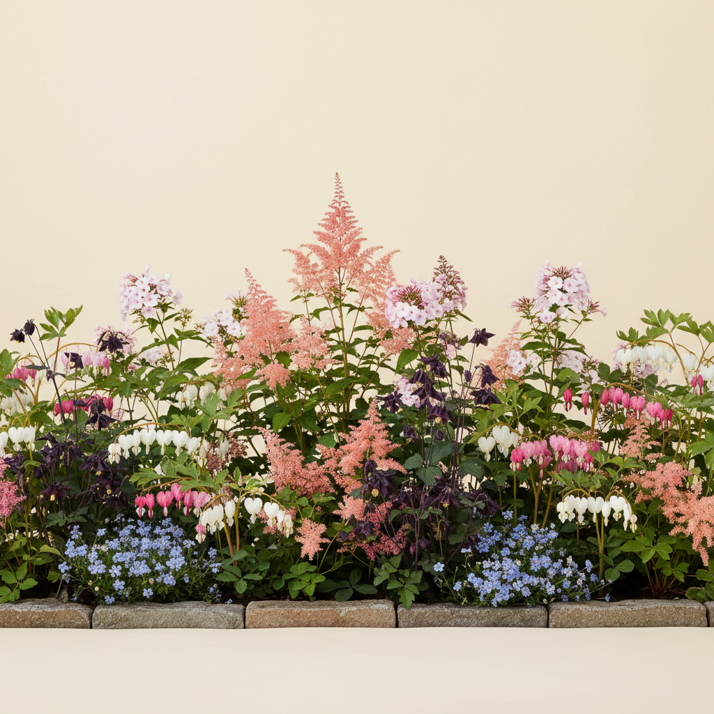 En liten 6 m² bädd i halvskugga — planerad för barrotsplantor. Här samsas Löjtnantshjärta vit, Löjtnantshjärta rosa/röd, Astilbe 'Younique Salmon', Höstflox 'Brilliant Eye' och Akleja 'Black Barlow', valda för att trivas tillsammans.