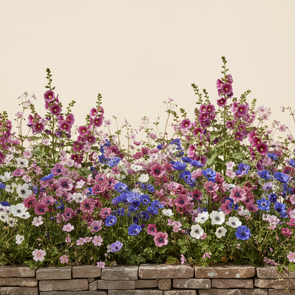 Rabatt med anemone, anemon, näva i full sol – 14 m² perennrabatt