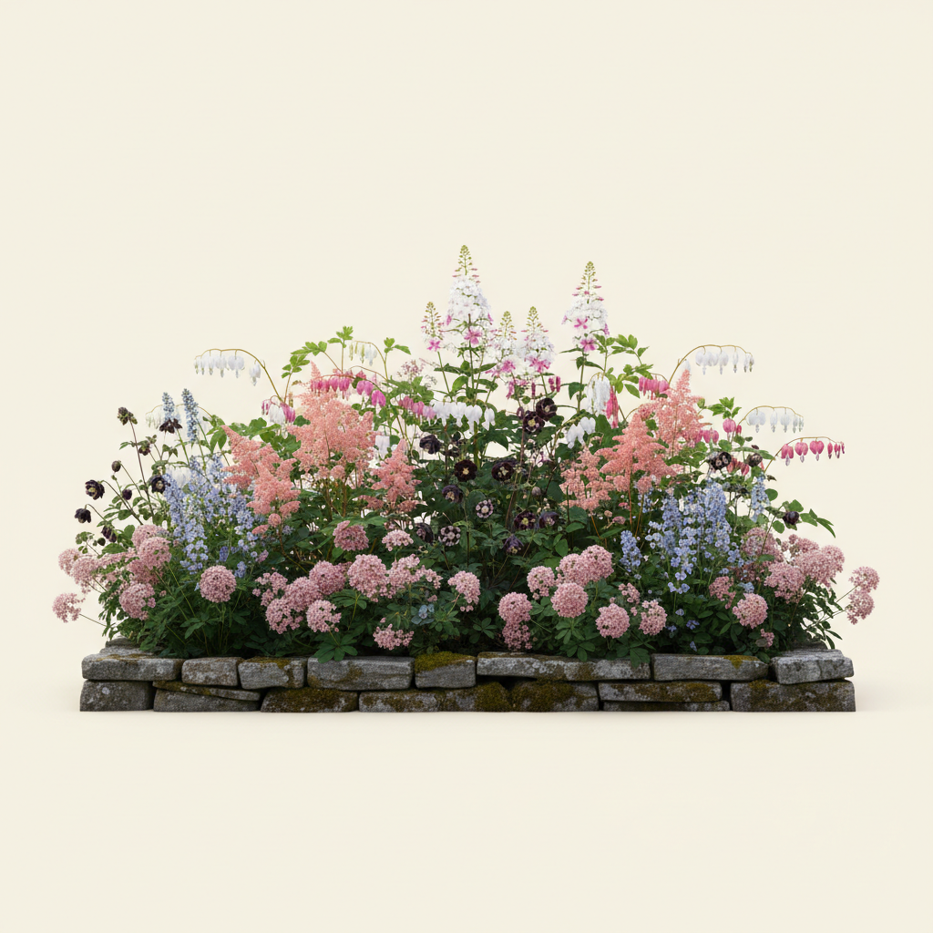 Rabatt med löjtnantshjärta, astilbe, höstflox i halvskugga – 10 m² perennrabatt