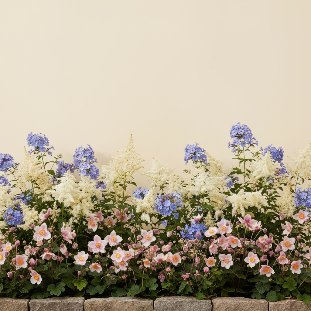 Rabatt med anemone, astilbe, höstflox i skugga – 2 m² perennrabatt