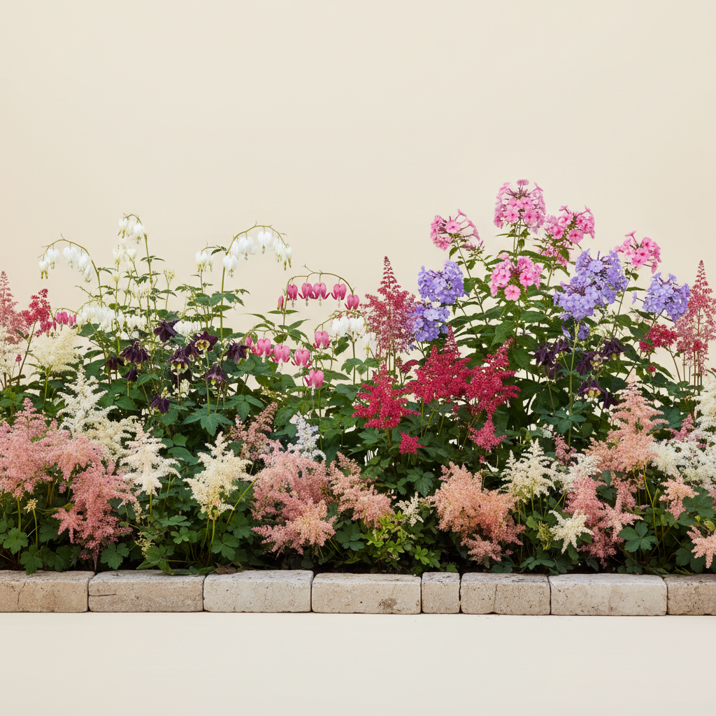 Rabatt med löjtnantshjärta, astilbe, höstflox i halvskugga – 60 m² perennrabatt