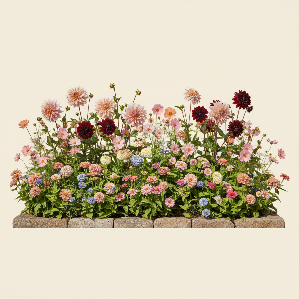 Rabatt med dahlia, zinnia, cosmos i full sol – 2 m² snittblomsterbädd