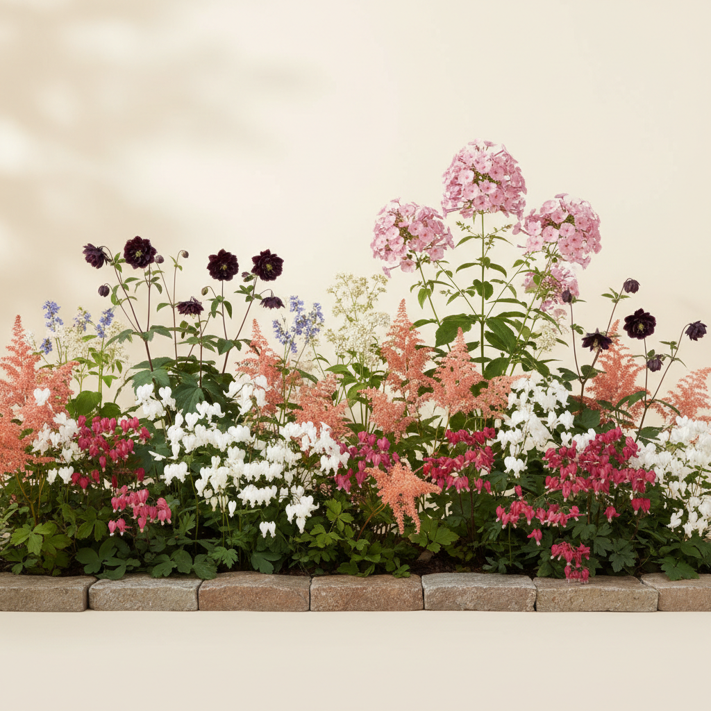 Rabatt med löjtnantshjärta, astilbe, höstflox i halvskugga – 6 m² perennrabatt